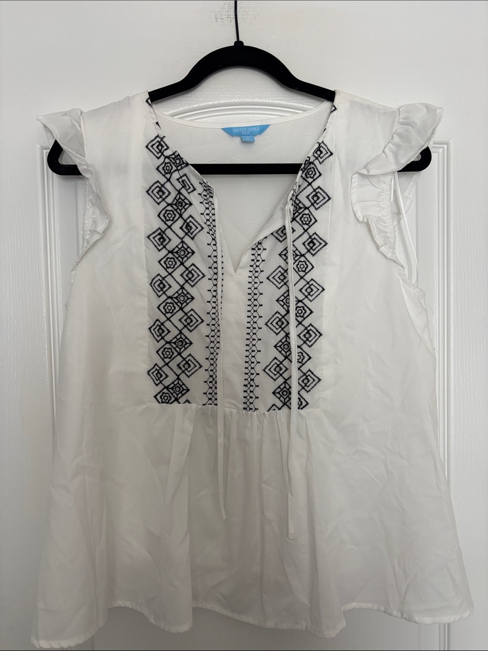 Draper James White Top with Black Embroidery